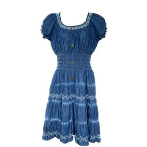 Lapis Anthropology Dress Size S Blue Cotton Tiered Boho Cottagecore Western